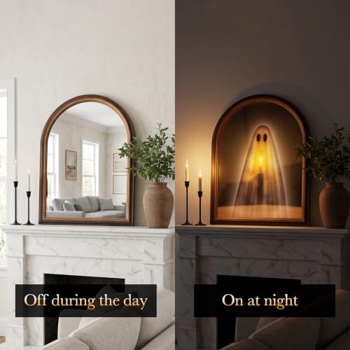 Halloween Ghost Mirror with Light-Up Spooky Glow 10.6x13.1 Inches - Tabletop Decor