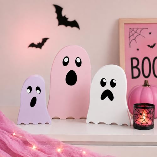 Pink Halloween Ghost Decor Set - Wooden Tabletop Seasonal Decorations
