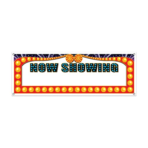Now Showing Sign Banner - Movie Night Marquee Decoration with Grommets - 5ft x 21in - Indoor & Outdoor Use - Includes 1 Pack