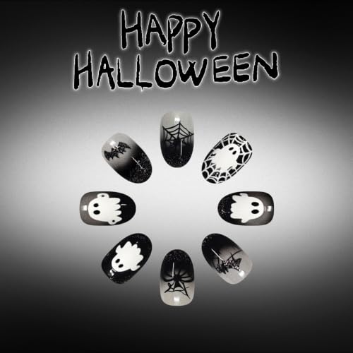 Halloween Press On Nails - Medium Oval Black Ghost Pumpkin Spiderweb Style-39, 24Pcs