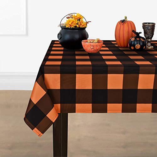 Halloween Checkered Tablecloth - Orange & Black Plaid, 84 x 60 Inch, Machine Washable