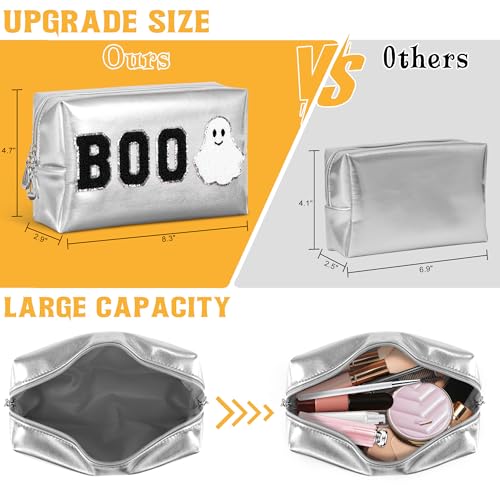 Halloween Makeup Bag with Chenille Patch - Silver - Large Travel Cosmetic Organizer