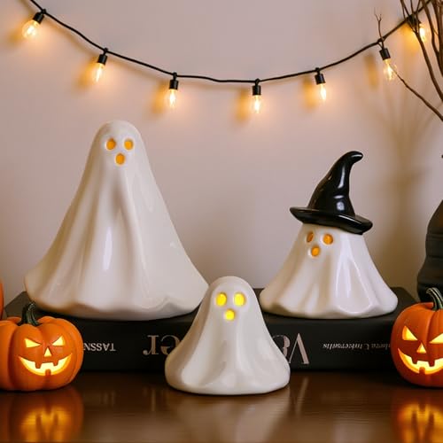 Ceramic Light-Up Halloween Ghost Decor Figurines - Indoor Party Decorations, 3 Pack