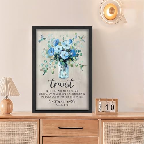 Framed Scripture Proverbs Wall Art Canvas - Trust in the Lord 24x16 with Flower Variation