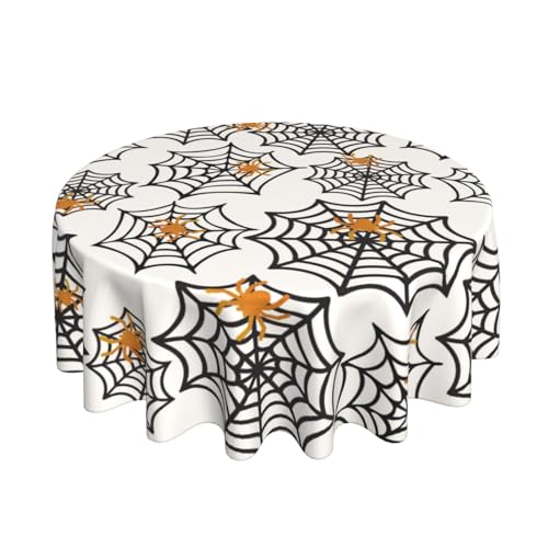Halloween Black Spider Web Round Tablecloth 70 Inches with Gold Spiders - Spooky Party Decor