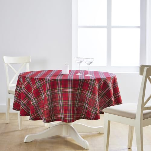 Round Linen Tablecloth 60 Inch Red Tartan Plaid - Classic Home Decor