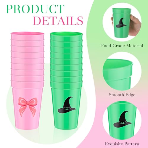 24 Pack Pink and Green Plastic Cups with Witch Hat Design, 12 oz Party Cups for Celebrations