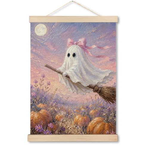 Pastel Pink Halloween Ghost Fall Pumpkin Wall Art Poster 12x16 - Seasonal Decor