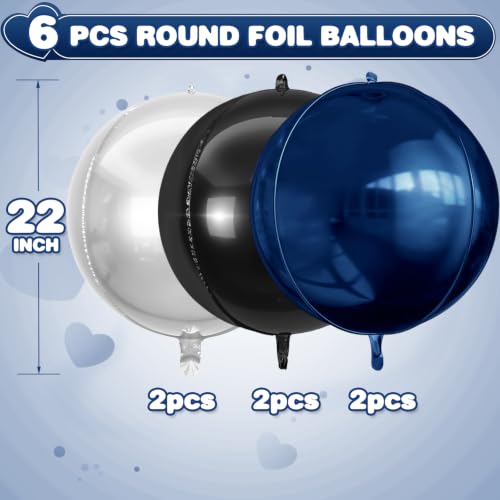 Navy Blue Black Silver 22 Inch Round Foil Balloons - 6 Pack, Giant 4D Party Decor