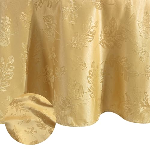 Oval Gold Woven Leaves Jacquard Damask Tablecloth 60 x 84 Inches - Elegant Home Decor