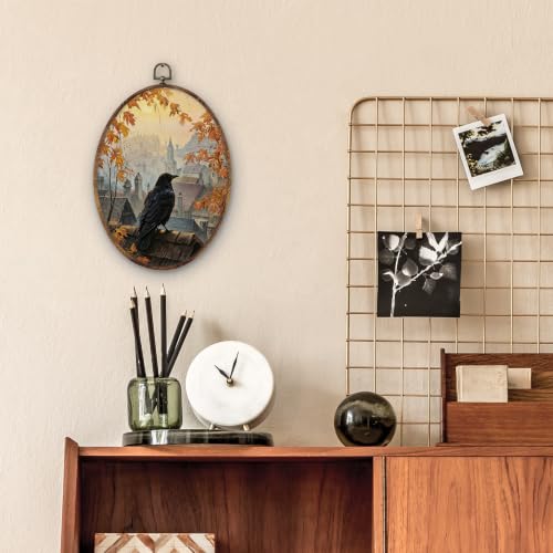 Crow Oval Wall Art Decor - Fall Nature Scene, 8.5x11 Inches, Wooden Frame