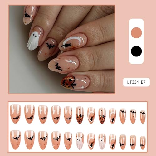 Pink Ghost Bat Halloween Almond Press On Nails - Medium Glitter Pumpkin Fake Nails with Designs