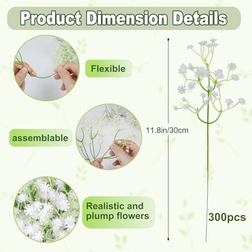Baby's Breath Artificial Flowers 300 Pcs - Real Touch White Fake Floral Bouquet