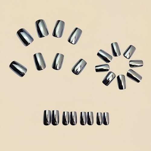 Press On Nails Square Fake Nails Black Silver Chrome - Variation of Black 08-22, 24 Pcs