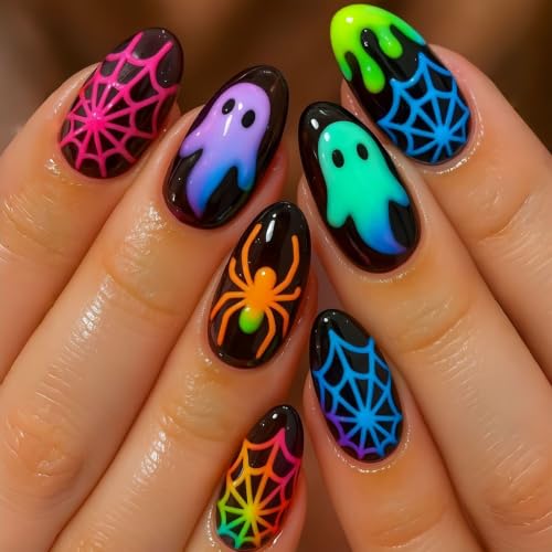 Halloween Design Medium Almond Press On Nails - Ghost & Spider Web Art, 24Pcs - Variation 5