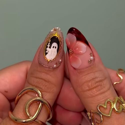 Medium Almond Pink 3D Ghost Spider Flower Halloween Press On Nails - Reusable