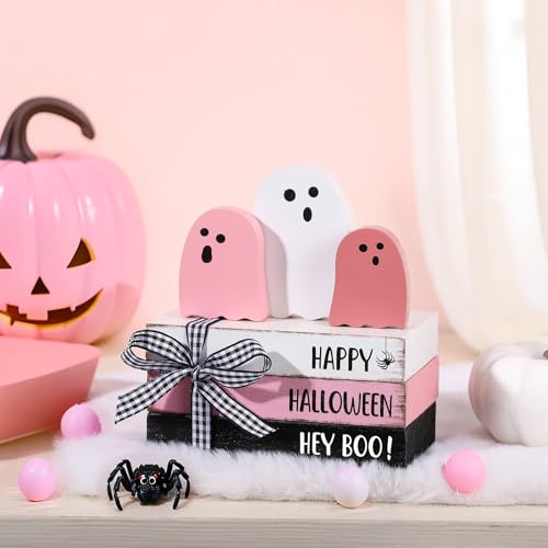 Pink Ghost Halloween Table Decor Set - 3 Wooden Signs & 3 Decorative Books - Pastel Pink Holiday Accent with 'Happy Halloween' Phrase