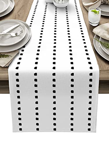 QueenKer Boho Black White Geometric Table Runner 13x36 Inch - Indoor Outdoor Decor