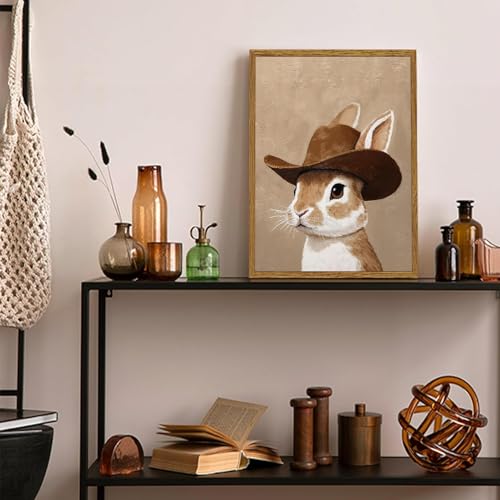 Cowboy Bunny Canvas Wall Art - Neutral Western Nursery Decor, 24x16 inches