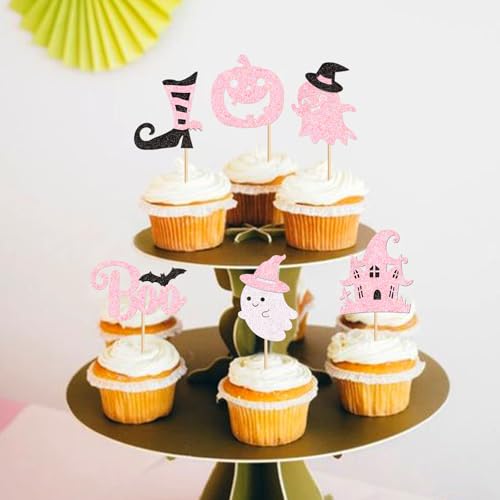 Pink Ghost Boo Cupcake Toppers - 24Pcs Halloween Cake Picks - Pink Castle Variation