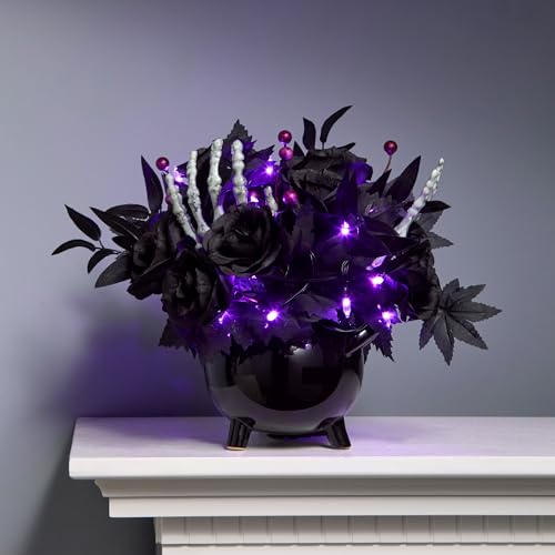 Halloween Centerpiece with Purple LED Lights, Black Roses & Skull Hands - 19 Inch