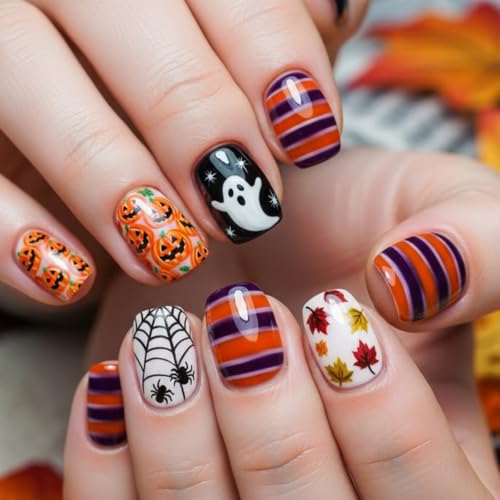 Halloween K Short Goth Maple Fall Fake Nails - 24 pcs Press-On Nails with Tools