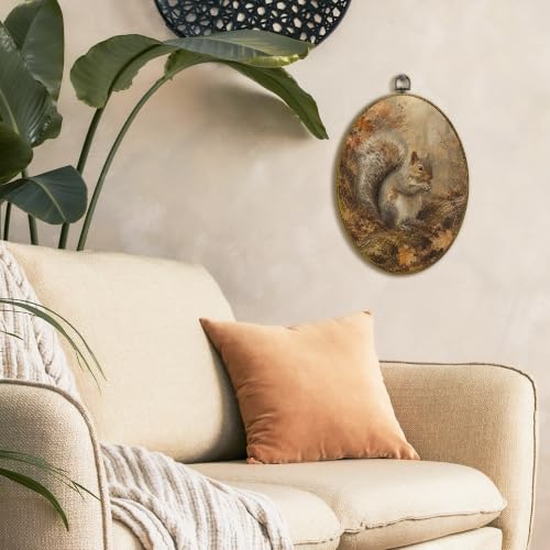 Fall Forest Squirrel Canvas Wall Art - Oval Framed Decor 11x8.5 Inch - Variation: Squirrel