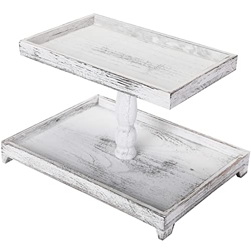 White Farmhouse 2-Tier Wooden Tray Stand - Rustic Kitchen Decor