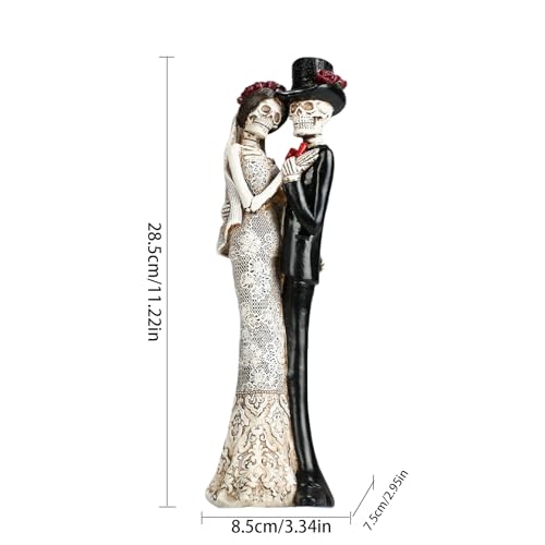 Black and White Skull Wedding Sculpture - Gothic Skeleton Figurine, Hand-Painted Resin Romantic Decor, 13 Inches