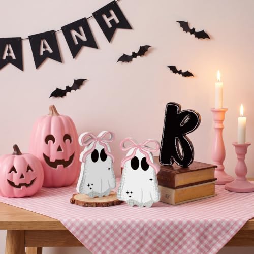 Halloween Ghost Table Decorations - BOO with Pink Bow Wooden Signs, Indoor Tiered Tray Decor