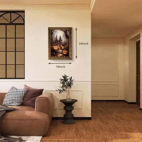 Haunted House Pumpkins Halloween Wall Art - Vintage Gold Framed Canvas, 24x16 Inches