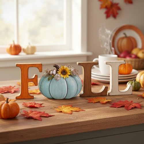 Fall Thanksgiving Wooden Letter Sign Set with Pumpkin Decor - Autumn Home Decor