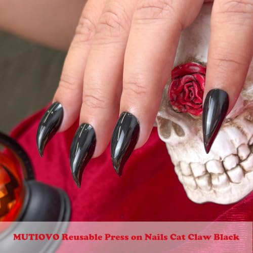 Reusable Press On Nails Cat Claw Short Curved Stiletto Black - DIY Halloween & Cosplay