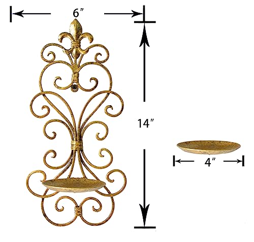 Antique Gold Wall Sconce Candle Holder Set of 2 - Metal Hanging Wall Decor for Living & Dining