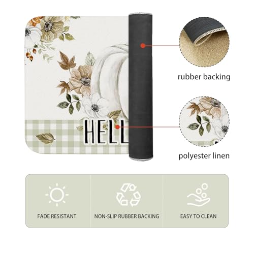 Autumn Kitchen Rugs Set of 2 - Non-Slip Watercolor Pumpkins & Floral Mats