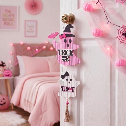 Pink Halloween Wreath for Door & Wall - Cute Ghost & Witch Hat Decor - Medium