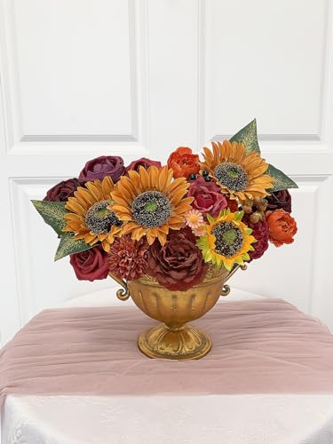 Fall Sunflower Artificial Flowers Set Burgundy Roses Bouquets for Wedding & Home Decor - Fall Fake Flowers