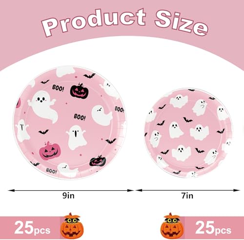 50Pcs Halloween Paper Plates Pink Ghost Disposable Dinnerware Set 7 & 9 Inch