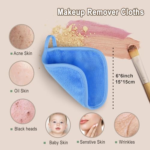 Multi-Color Reusable Makeup Remover Cloths - 6x6 Inch Microfiber Face Pads, 12 Pack with Travel Bag