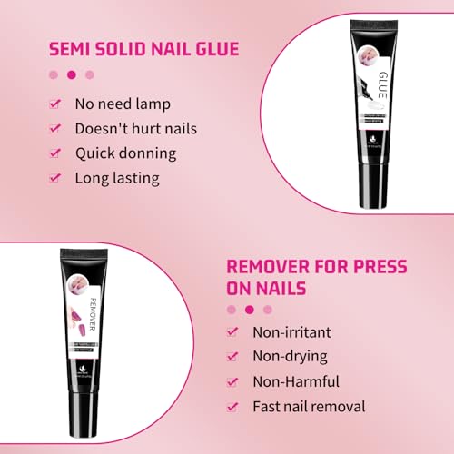 Semi Solid Nail Glue with Remover - Clear 15g for Press On Nails, No UV Needed