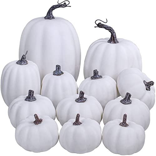 Artificial White Pumpkins Bulk Set for Fall Decor, Wedding & Holiday Centerpieces - 12 Pcs