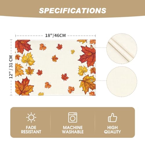Set of 4 Fall Maple Leaf Placemats - 12 x 18 Inches, Durable Polyester