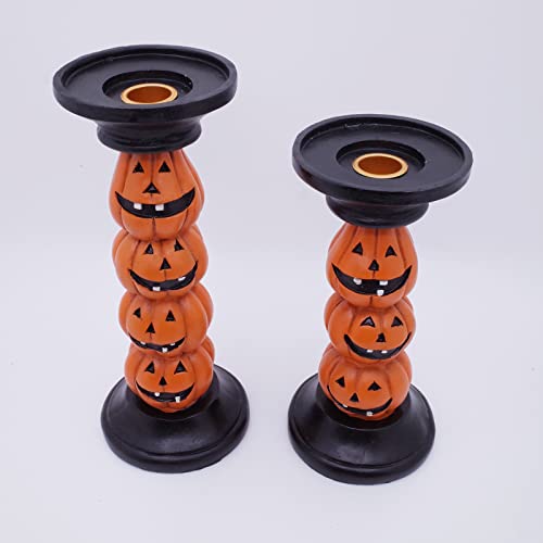 Halloween Pumpkin Candle Holder Set of 2 - Indoor Fireplace Decor, 9.5 Inch Polyresin Candlesticks