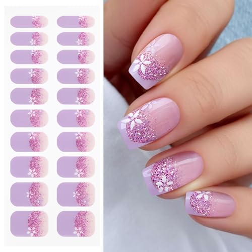 Purple Flower Semi Cured Gel Nail Stickers - Gradient Nail Art Wraps
