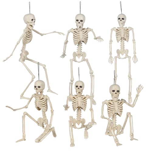 Halloween Skeleton Decorations - 16 Inch Full Body Posable Skeletons, White, 6-Pack