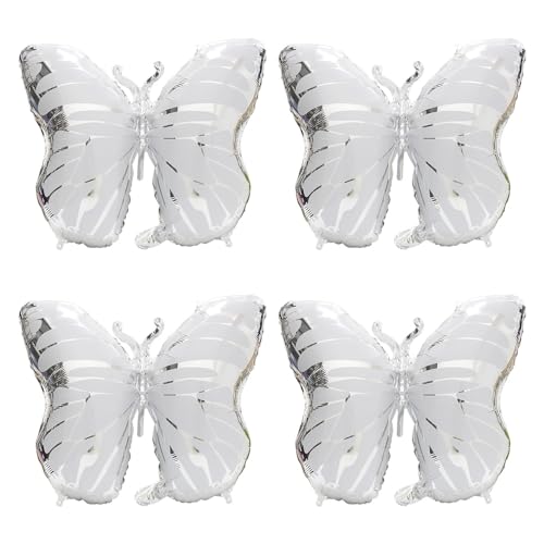 Silver Butterfly Balloons - 4 Pack Helium Foil Decorations for Wedding Birthday Baby Shower