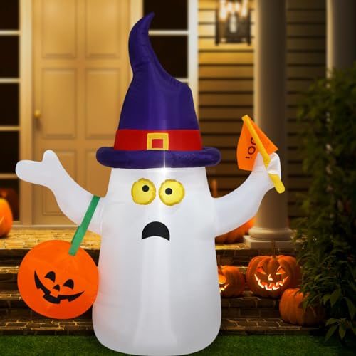 Halloween Inflatable Ghost with Pumpkin, Lights & Witch Hat - 5Ft Outdoor Yard Decor