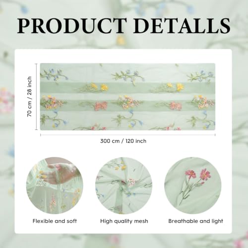 6PC Sage Green Floral Embroidery Table Runner Set - 28x120 Inches