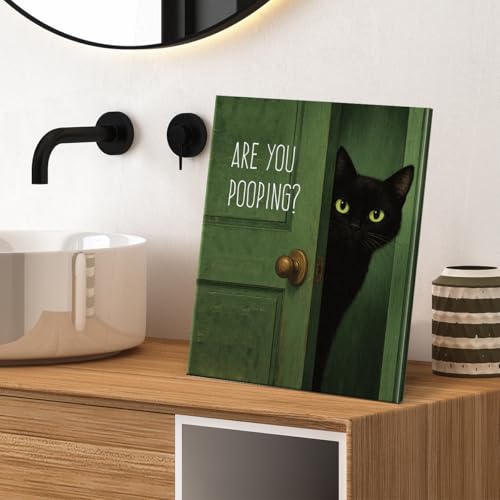 Funny Black Cat Bathroom Wall Art Print - Pooping Variation, 8x10 Canvas Framed
