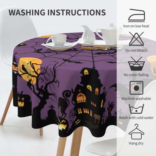 Giwawa Halloween Round Tablecloth 60 Inch - Spooky Pumpkin Cat Bat Web Design, Purple Variant